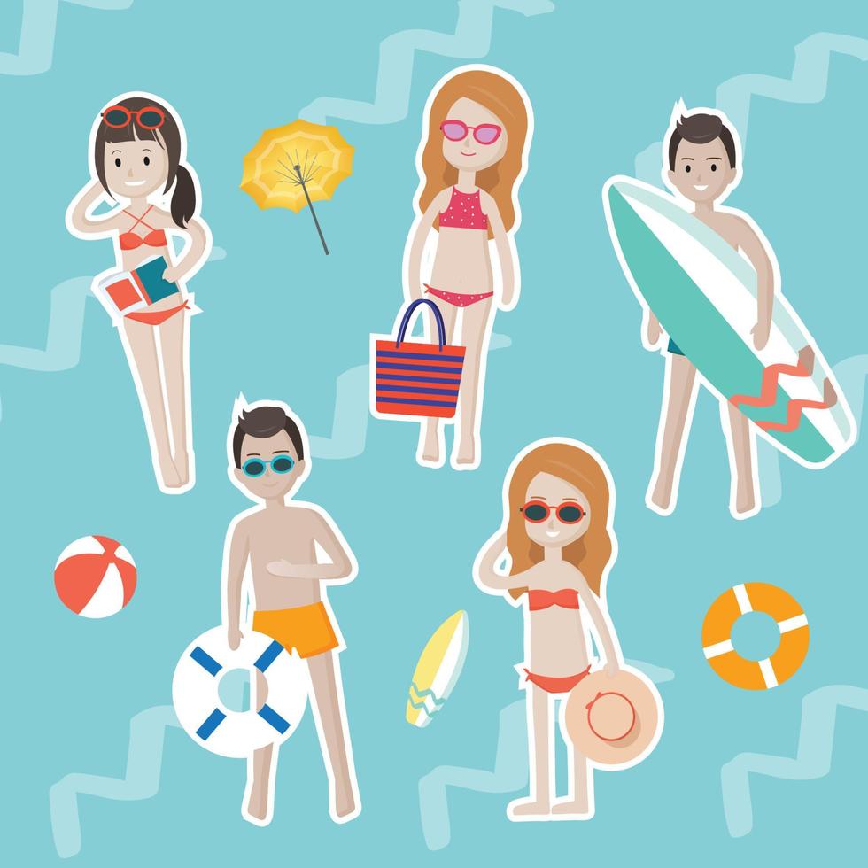 set van stripfiguren in zomerzwempakken met pictogrammen voor strandaccessoires vector