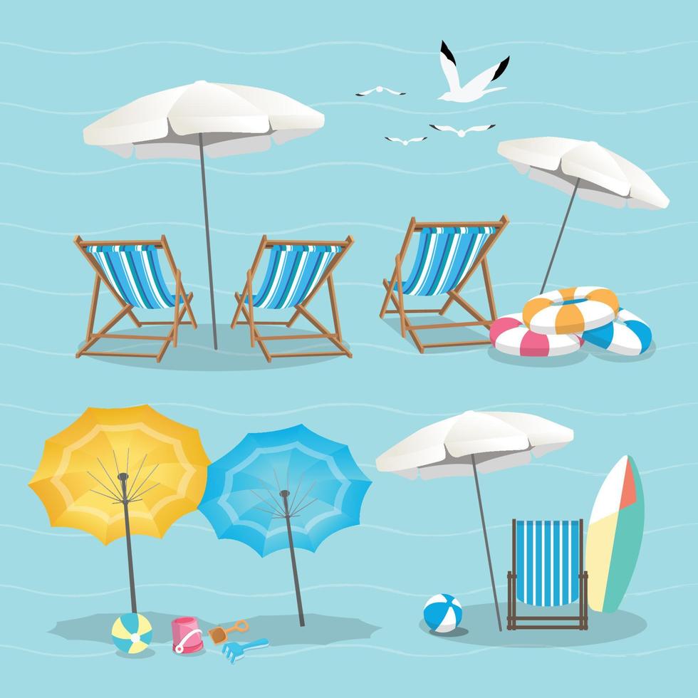 set van parasols, ligstoelen en stranduitrusting pictogrammen in pastelblauwe kleur achtergrond vector