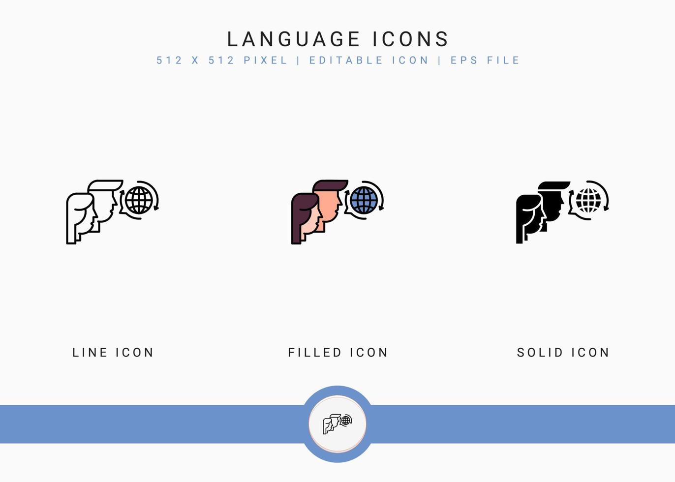 taal pictogrammen instellen vectorillustratie met solide pictogram lijnstijl. journalist tekst publicatie concept. bewerkbaar lijnpictogram op geïsoleerde achtergrond voor webdesign, gebruikersinterface en mobiele app vector