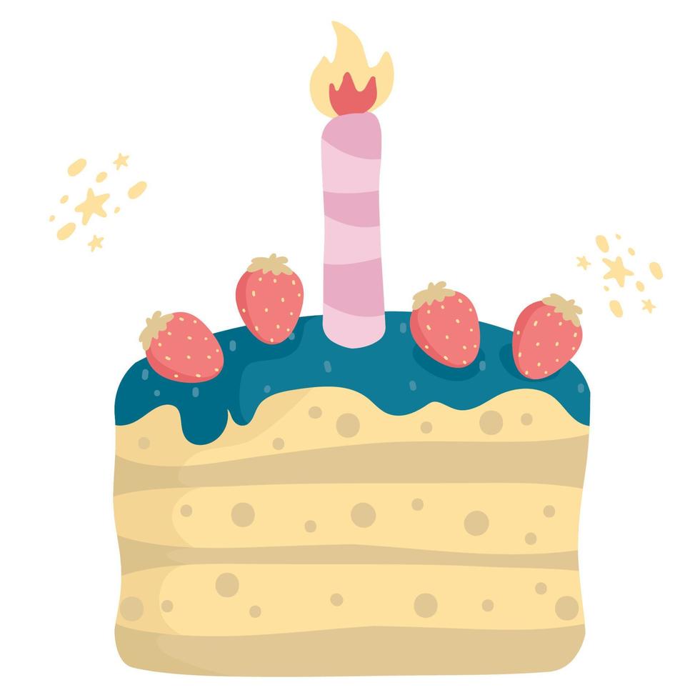platte ontwerp verjaardagstaart met kaars en decoratie. verjaardag zoete taart vectorillustratie vector