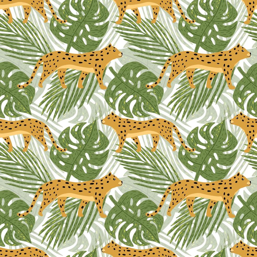 schattige jaguar en tropische bladeren naadloos patroon. luipaarden in regenwoudbehang. cheetah en palmbladeren eindeloze achtergrond. botanische achtergrond. vector