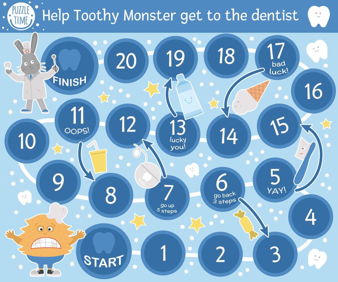 tandheelkundige avontuur bordspel voor kinderen met schattige karakters. educatief tandgeneeskunde bordspel. gebitsverzorging activiteit. leerwerkblad mondhygiëne. help toothy monster naar de tandarts te gaan. vector