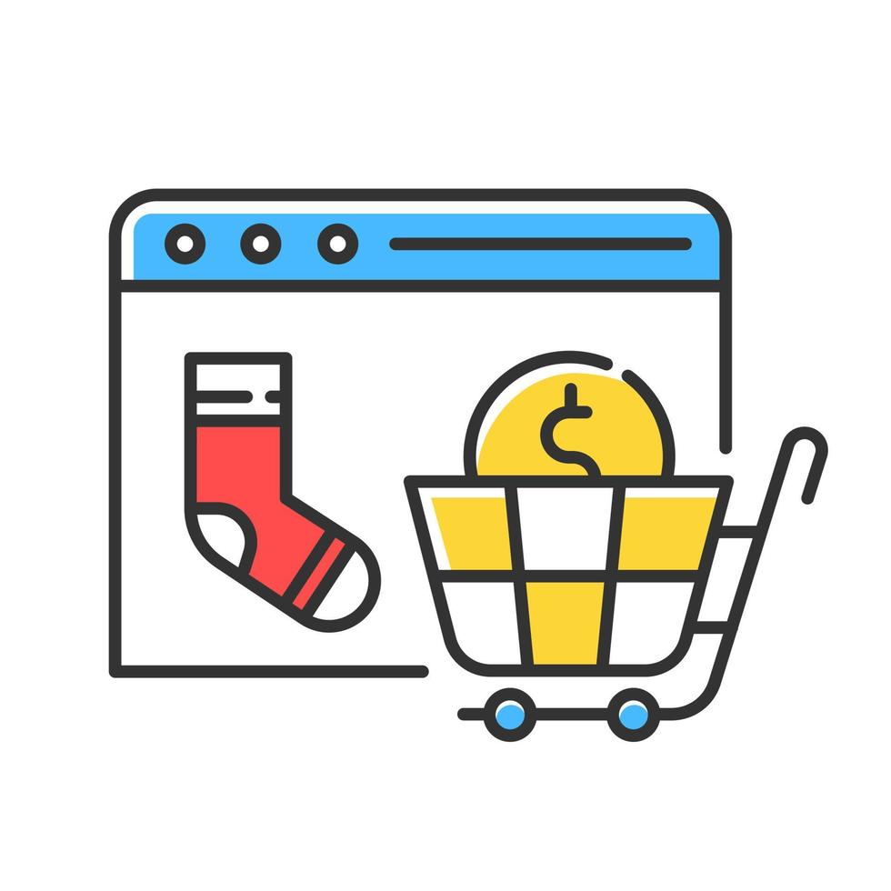 online winkel website kleur pictogram. marktplaats online winkelen. internet handelsbedrijf. goederen kopen via de site. e-commerce verkoper. computer betaling. digitale aankoop. geïsoleerde vectorillustratie vector