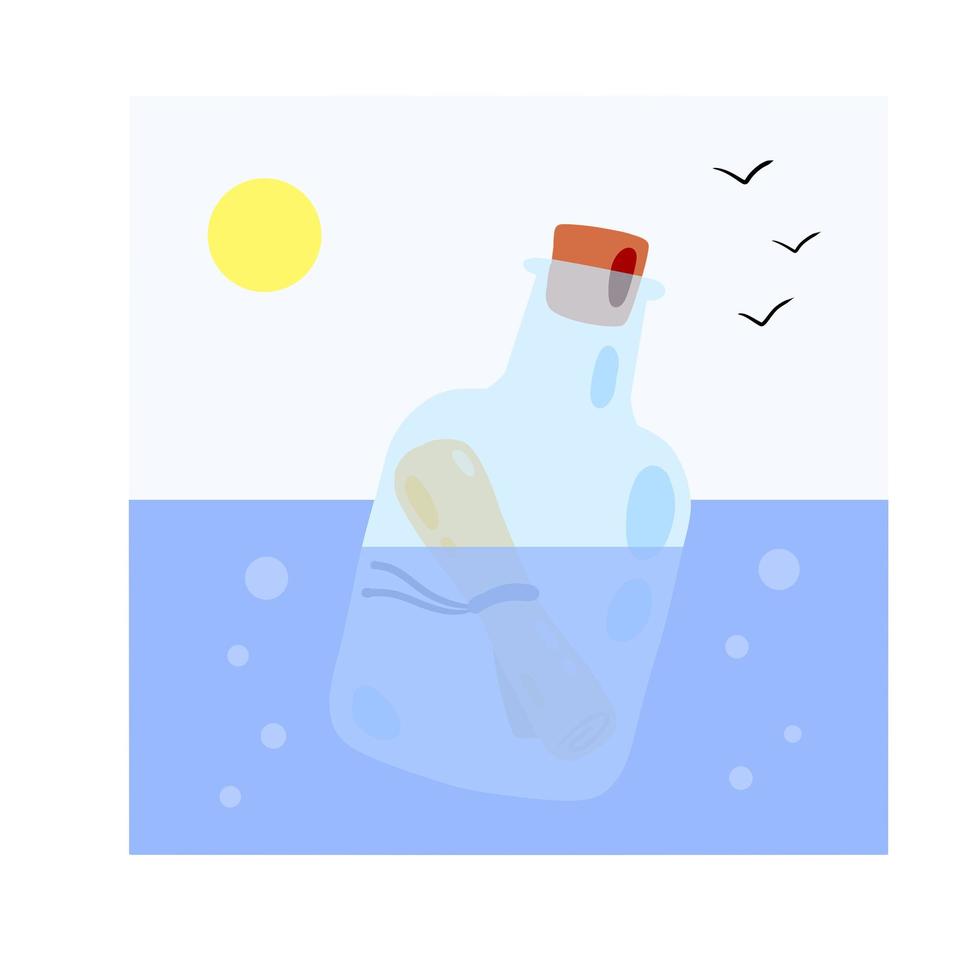 bericht in fles drijft in zee. brief en piraatnota in blauw water. blauw glas. cartoon afbeelding geïsoleerd op wit vector