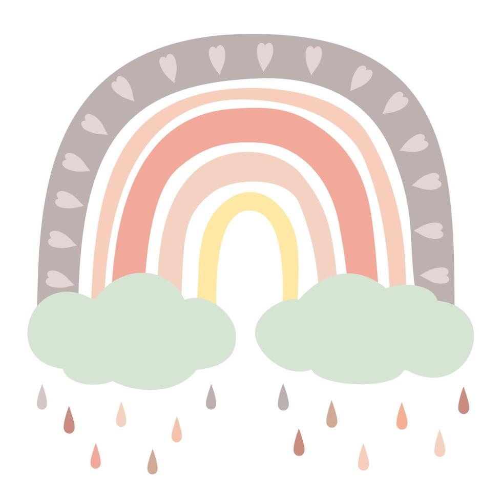 boho pastel regenboog met wolken, regen. vectorillustratie. geïsoleerd op een witte achtergrond. perfect voor kinderen, posters, prints, kaarten, stof. vector