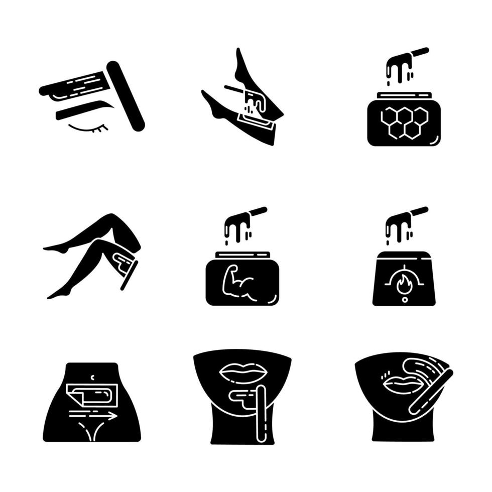 waxen glyph pictogrammen instellen. scheenbeen, been, bovenlip, kin ontharing. koude, hete was in pot. ontharing apparatuur. professionele schoonheidsbehandeling cosmetica. silhouet symbolen. vector geïsoleerde illustratie