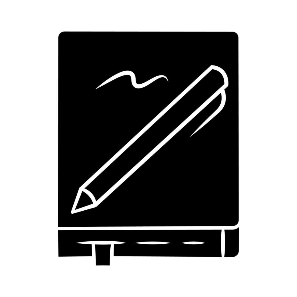 notitieboekje met pen glyph-pictogram. notitieblok, dagboek, stationair item. het maken van aantekeningen, de organisator van de takenlijst. voorbeeldenboek, planner met bladwijzer. silhouet symbool. negatieve ruimte. vector geïsoleerde illustratie