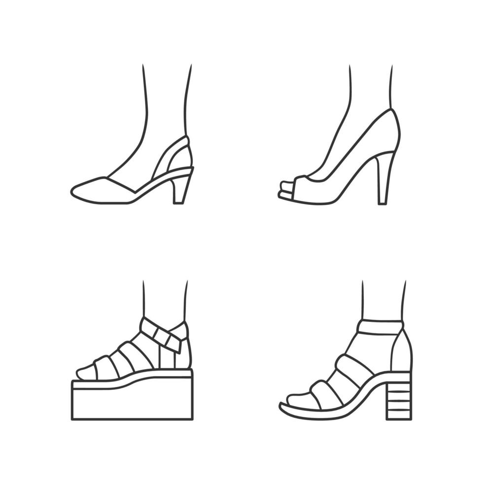 vrouwen zomerschoenen lineaire iconen set. vrouwelijk elegant formeel en casual schoeisel. stijlvol platform en sandalen. bewerkbare streek. dunne lijn contour symbolen. geïsoleerde vectoroverzichtsillustraties vector