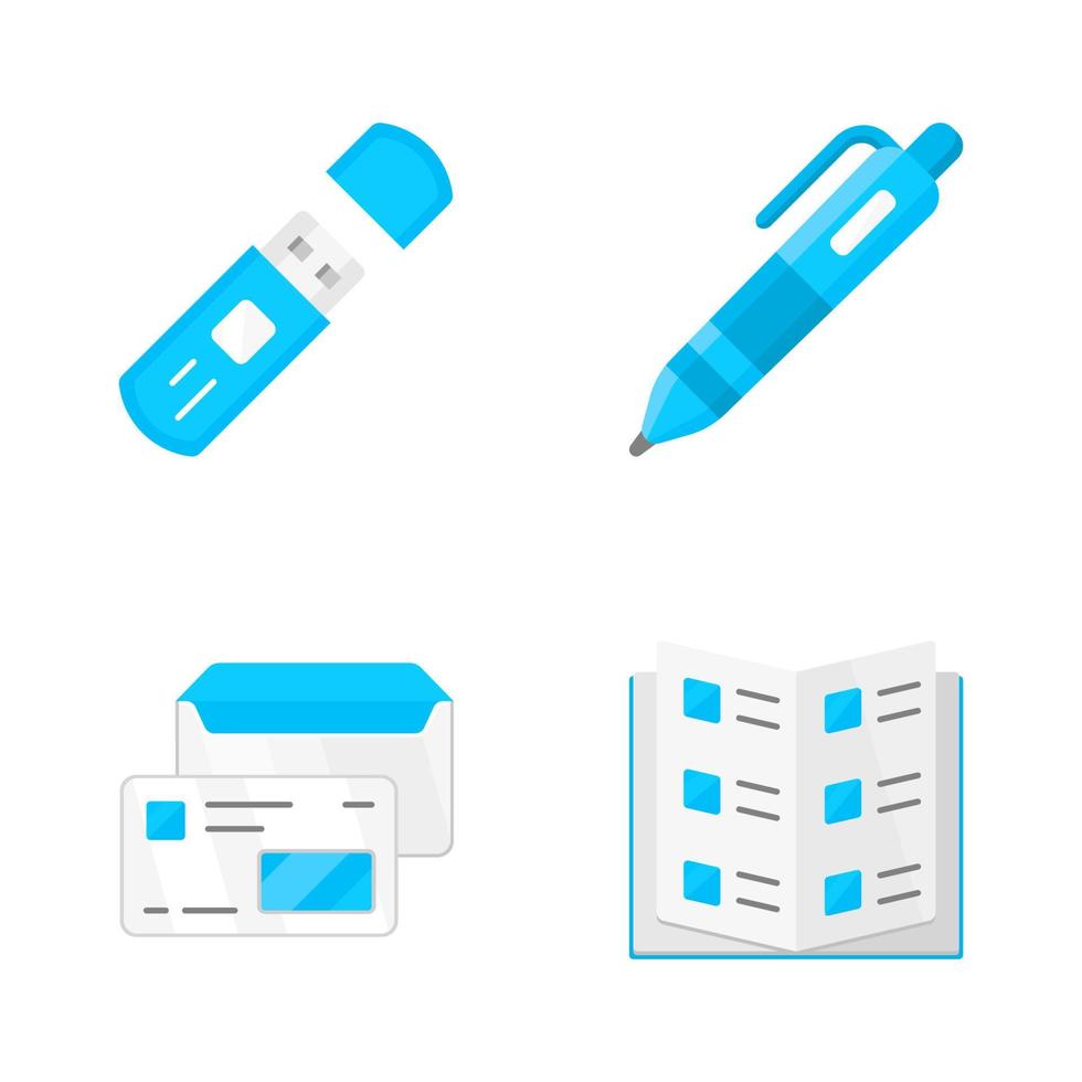 kantoorwerk attributen platte ontwerp kleur iconen set. zakelijke accessoires geïsoleerde vectorillustraties. zakelijke werknemer kit. usb flash drive, pen, bedrijfscatalogus en envelop met id-kaart vector