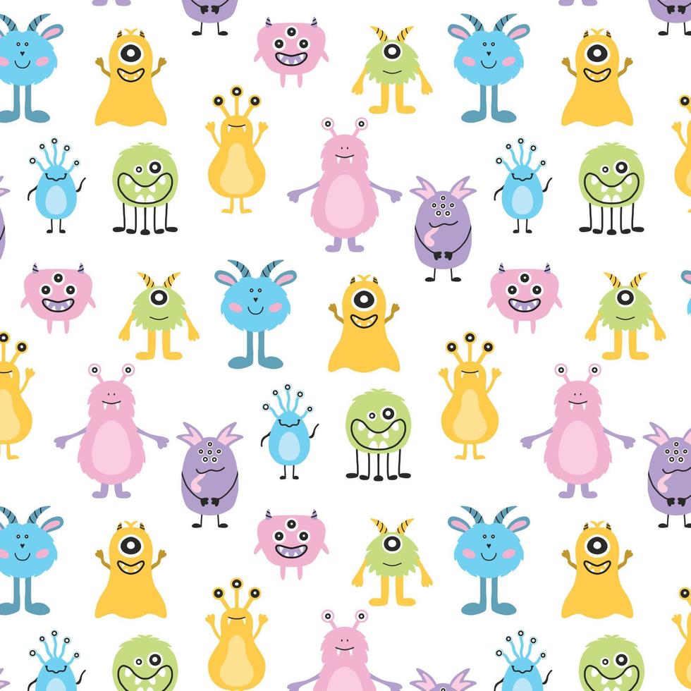 monster halloween patroon. schattige stripfiguren in eenvoudige handgetekende scandinavische stijl. vector kinderachtig grappige doodle illustratie. babykleding, textiel, stof, behang, papier