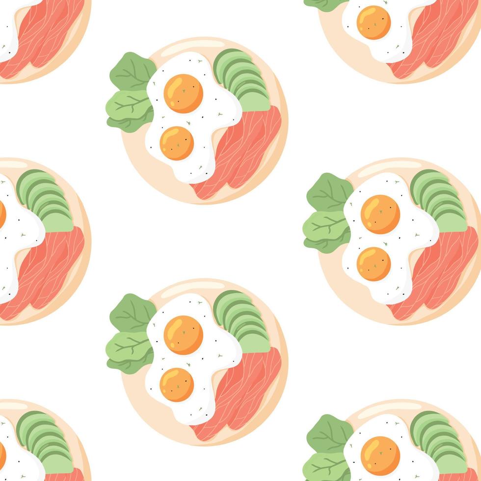 patroon met gebakken eieren. patroon met roerei en vis op een bord. vectorillustratie in cartoon-stijl. vector