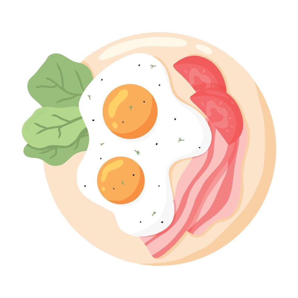 roerei op een bord. gebakken eieren met groenten en spek. vectorillustratie in cartoon-stijl. Engels heerlijk ontbijt. omelet met tomaat en spek. vector