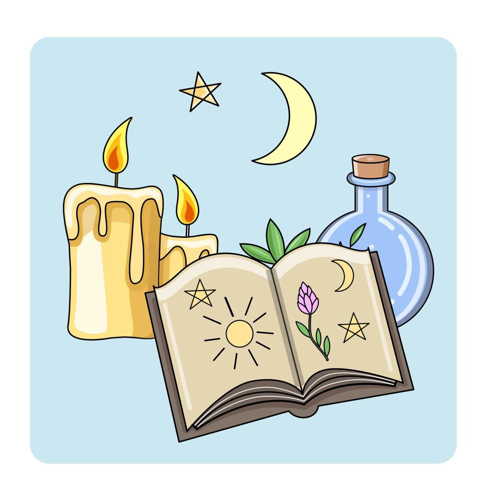 schattig mystieke icoon. cartoon kleurrijke magische elementencollectie. kawaii astrologie iconen van kaarsen, magisch boek, halve maan, sterren, pentagram, elixer vector spullen.