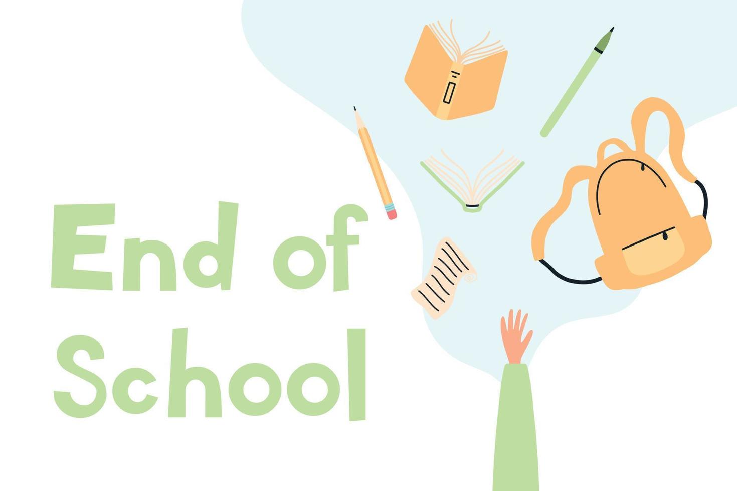 onderwijsconcept. einde van school. een schooljongen gooit schoolvoorwerpen in de lucht. vlakke stijl. vectorillustratie. vector