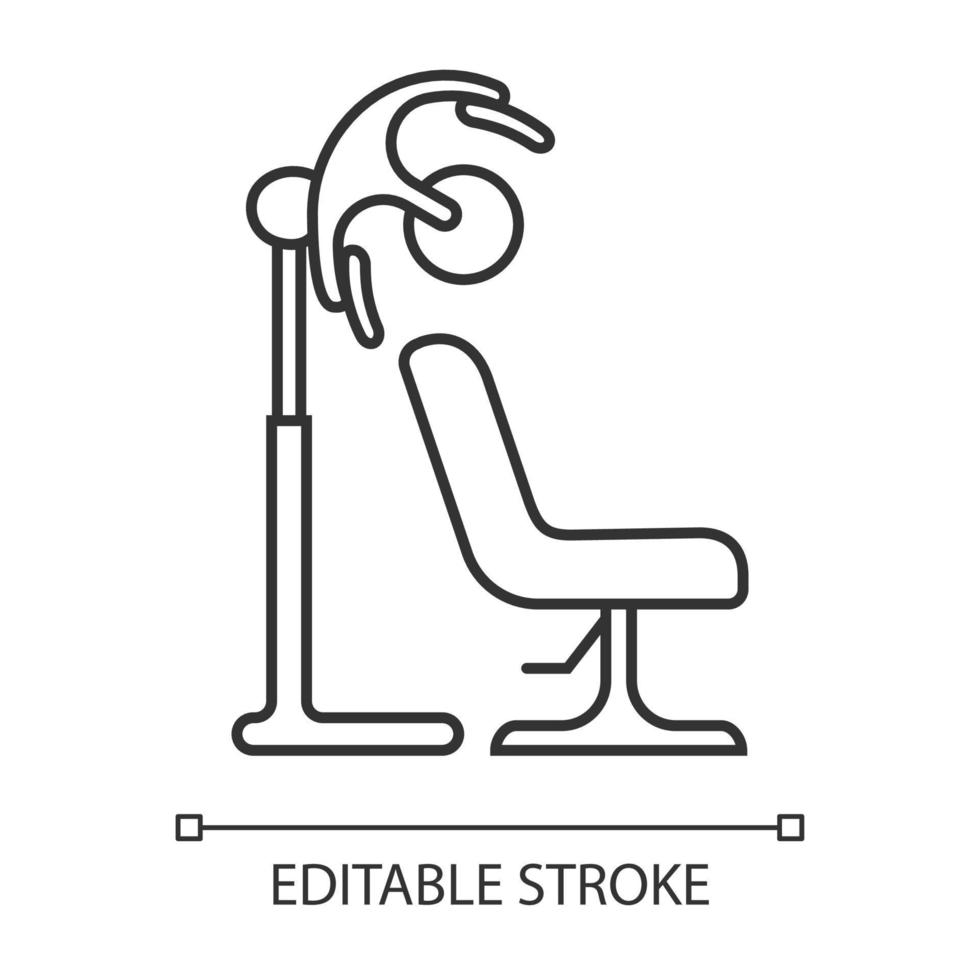 staan haardroger lineaire pictogram. kap föhn en comfortabele stoel. apparatuur voor kapsalons. dunne lijn illustratie. contour symbool. vector geïsoleerde overzichtstekening. bewerkbare streek