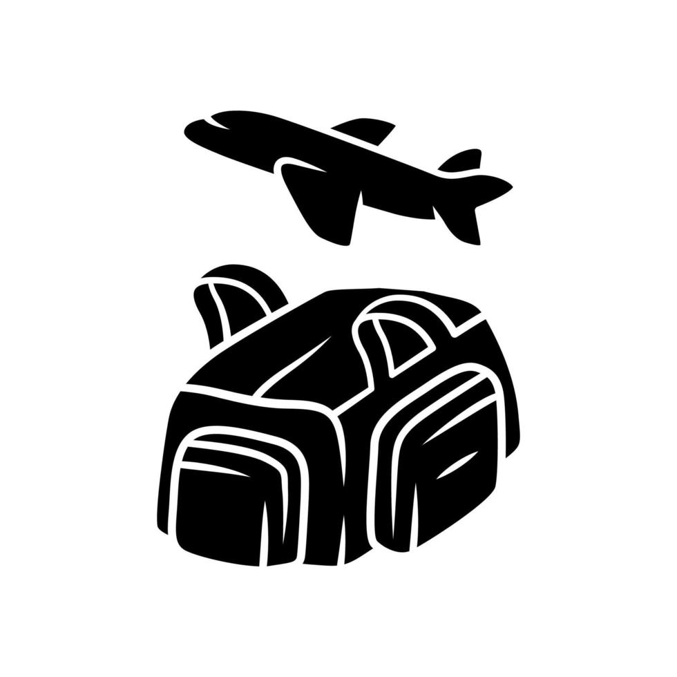 vlucht, reistas glyph icoon. handbagage meenemen, bagagepakket. handtas voor reizen, toerisme. tas met handvatten, zakken. silhouet symbool. negatieve ruimte. vector geïsoleerde illustratie