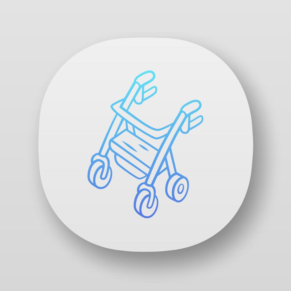 rollator rollator app icoon. mobiliteitshulpmiddel voor gehandicapten. gepensioneerde, oudere vierwielige rollatoruitrusting. ui ux-gebruikersinterface. web- of mobiele applicaties. geïsoleerde vectorillustraties vector