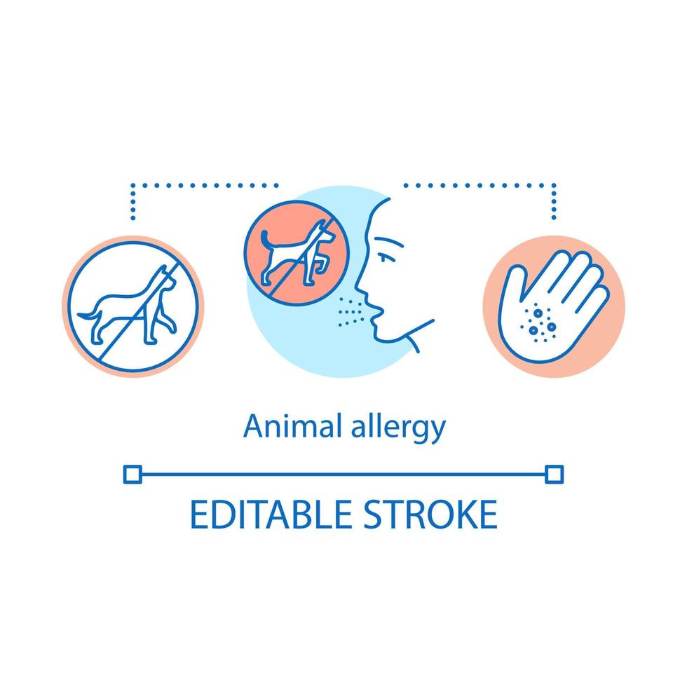 dier allergie concept icoon. allergische reactie op katten- en hondenbont, speeksel, urine en huidschilfers. huisdier allergenen gevoeligheid idee dunne lijn illustratie. vector geïsoleerde overzichtstekening. bewerkbare streek