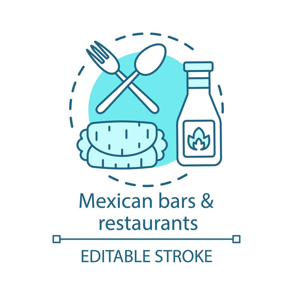 mexicaanse bars en restaurants concept icoon. kebab, hete pepersaus, bestek. traditionele burrito. pittige maaltijd bistro idee dunne lijn illustratie. vector geïsoleerde overzichtstekening. bewerkbare streek