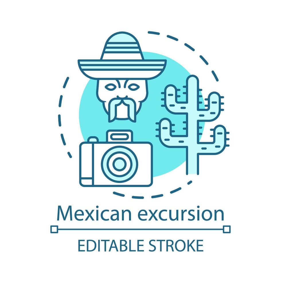 mexicaanse excursie concept icoon. Zuid-Amerikaanse woestijn bezienswaardigheden. rondreis door mexico. camera, mannen hoofd in sombrero, saguaro cactus idee dunne lijn illustratie. vector geïsoleerde overzichtstekening. bewerkbare streek