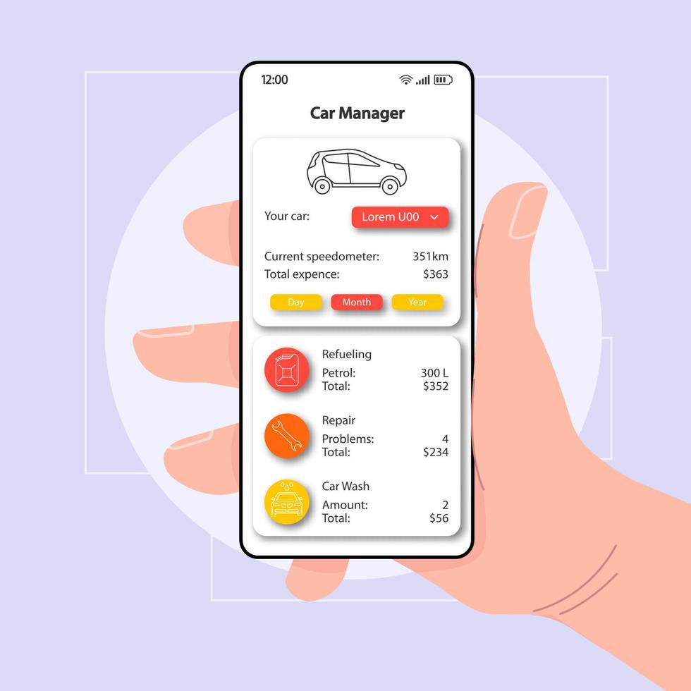 auto manager smartphone interface vector sjabloon. mobiele app pagina kleur ontwerp lay-out. scherm voor transportkostencalculator. platte ui voor toepassing. hand met telefoon met reparatiekosten op het display..