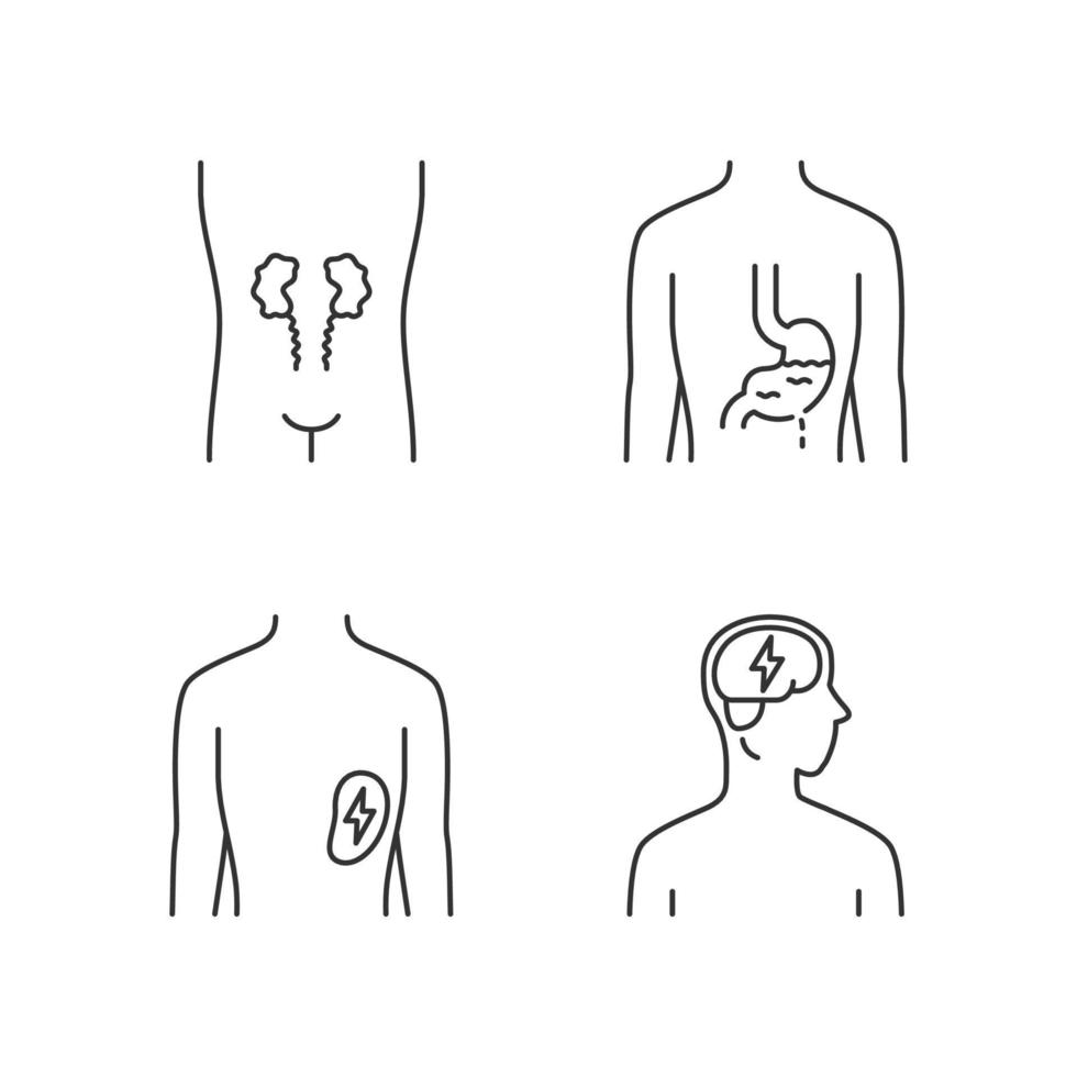 zieke menselijke organen lineaire pictogrammen instellen. pijnlijke nieren en milt. pijnlijke maag. ongezond brein. zieke interne lichaamsdelen. dunne lijncontoursymbolen. geïsoleerde vectoroverzichtsillustraties. bewerkbare streek vector