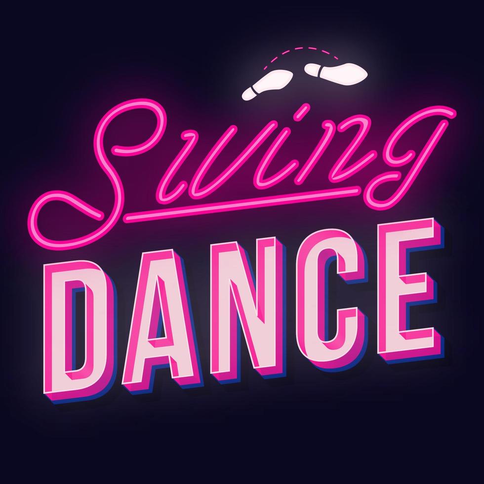 swing dans vintage 3D-vector belettering. retro feest vet lettertype, lettertype. popart gestileerde tekst. neonlichtletters in oude schoolstijl. Jaren '90, '80 poster, spandoek. donkere violette kleur achtergrond vector