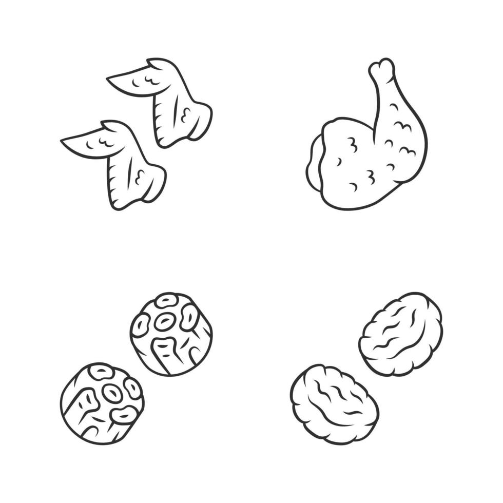 slagers vlees lineaire pictogrammen instellen. kippenvleugels, ham, burgerpasteitjes, ossenstaartjes. slagerij bedrijf. eiwit bronnen. dunne lijn contour symbolen. geïsoleerde vectoroverzichtsillustraties. bewerkbare streek vector