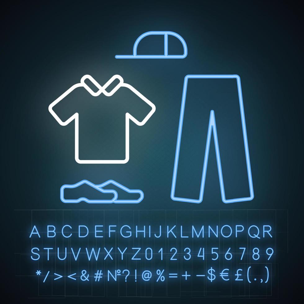 cricket uniform neonlicht icoon. sport washandjes. sportkleding. overhemd met kraag, lange broek, pet, schoenen. mannen outfit. gloeiend bord met alfabet, cijfers en symbolen. vector geïsoleerde illustratie