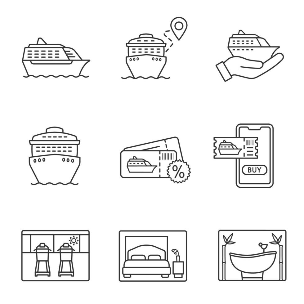 cruise lineaire pictogrammen instellen. zomer reis. cruiseservice, schepen, reisroute, slaapkamer, loopbanden, spasalon, goedkope deal. dunne lijn contour symbolen. geïsoleerde vectoroverzichtsillustraties. bewerkbare streek vector