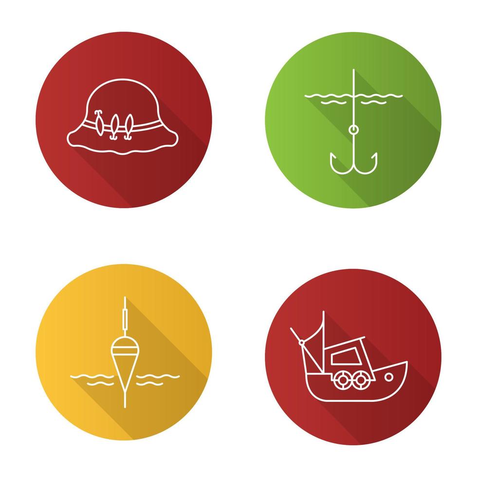 vissen plat lineaire lange schaduw iconen set. visvlotter, vissershoed, boot, vishaak. vector overzicht illustratie