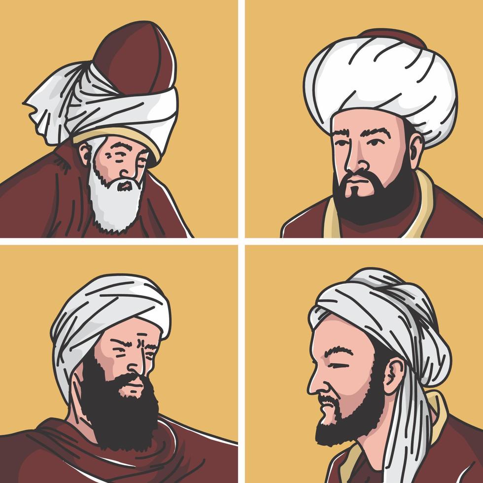 vectorillustratie van vier islamitische geleerden - jalaluddin rumi, muhammad al-ghazali, ibn rushd, ibn sina, arts, theoloog, filosoof, dichter, medicus vector