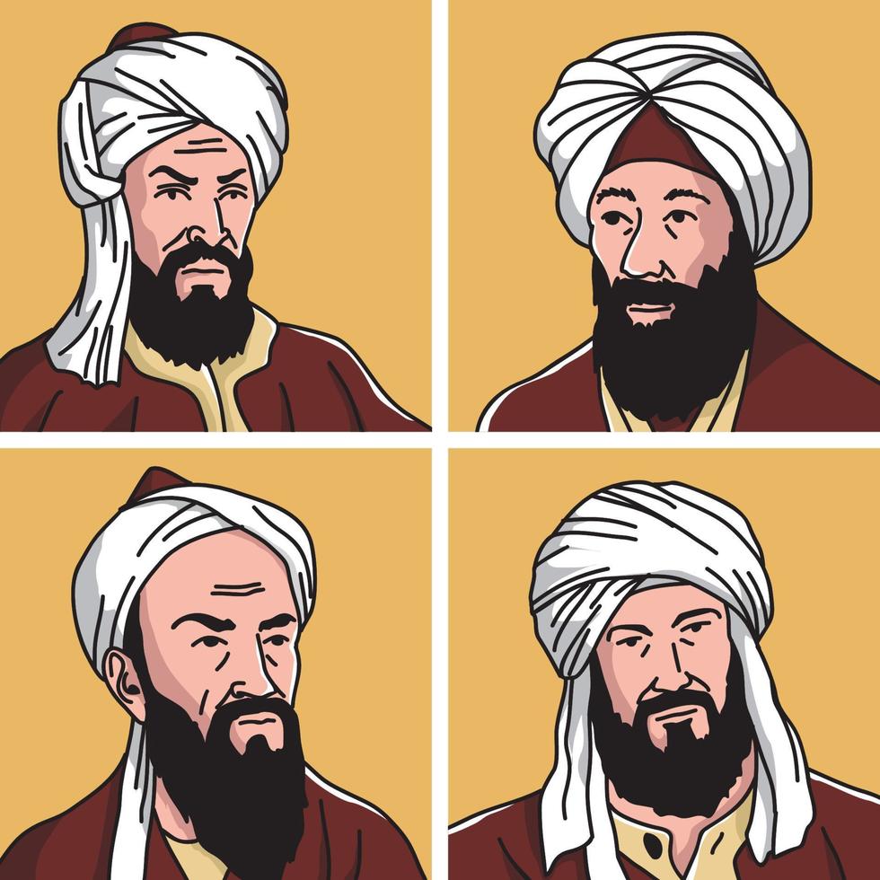 set vectorillustraties van de meest invloedrijke islamitische geleerden ter wereld vector
