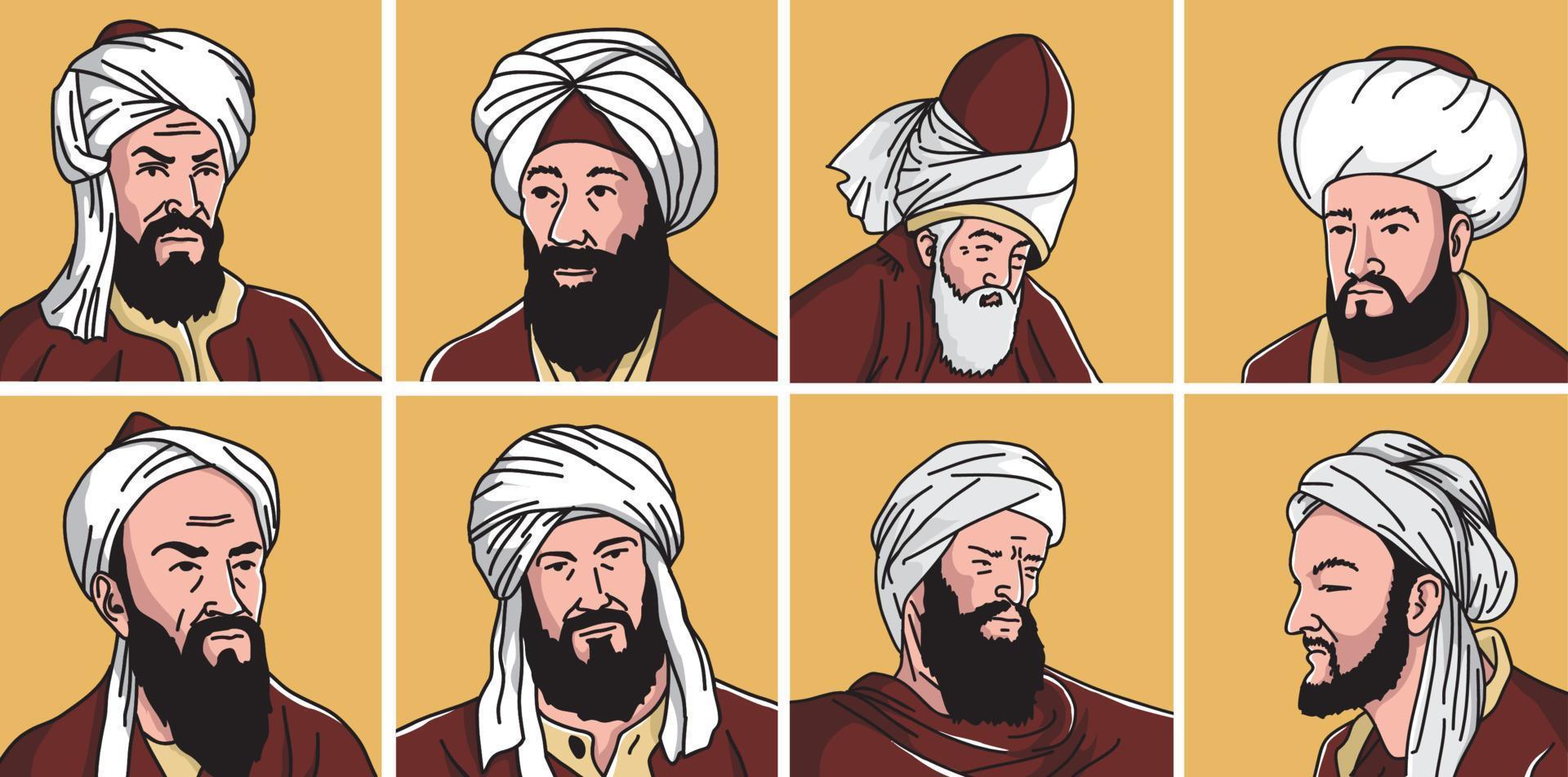 set vectorillustraties van de meest invloedrijke islamitische geleerden ter wereld vector