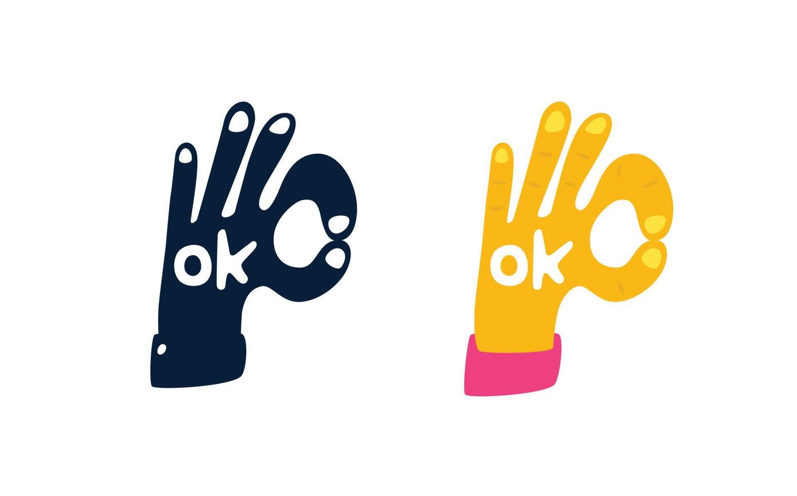 illustratie van een hand in de vorm van een ok-symbool. vector. logo voor het bedrijf. motiverende teken. gekleurde hand en zwart silhouet. vector
