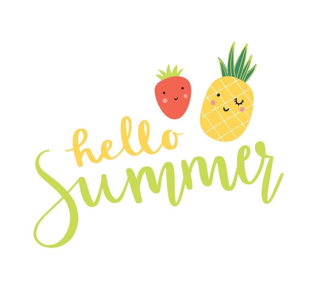 schattige ananas en aardbei met hallo zomerzin in hand getrokken penseelscript. grappig stripfiguur en handschrift. vector