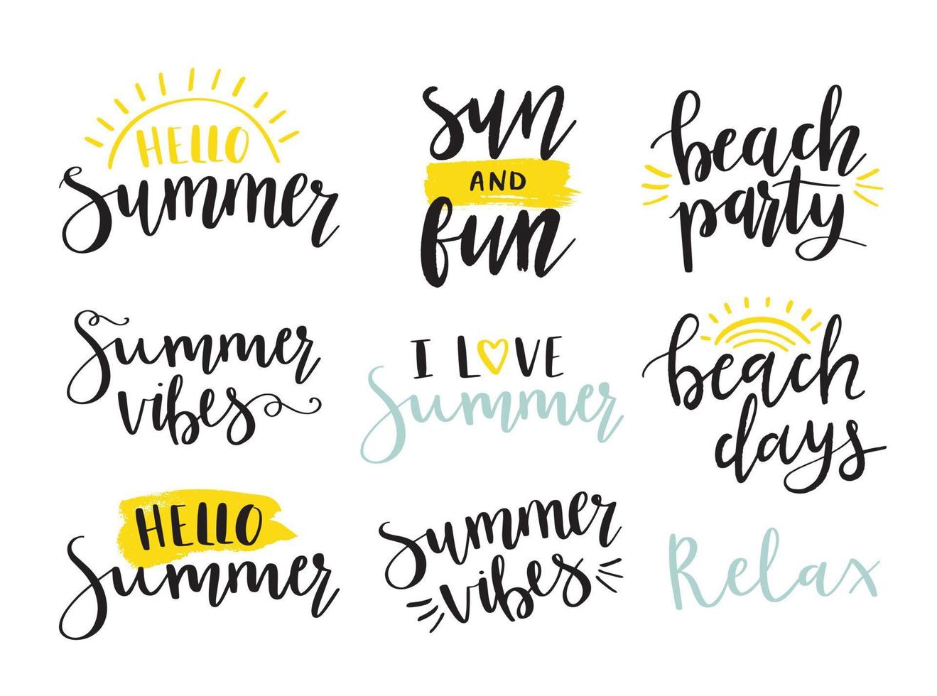 zomer hand belettering citaten. zomerlabels, logo's, tags, handgetekende elementen. moderne penseelkalligrafie. hallo zomer, strandfeest, stranddagen, zonplezier, relaxen. vector