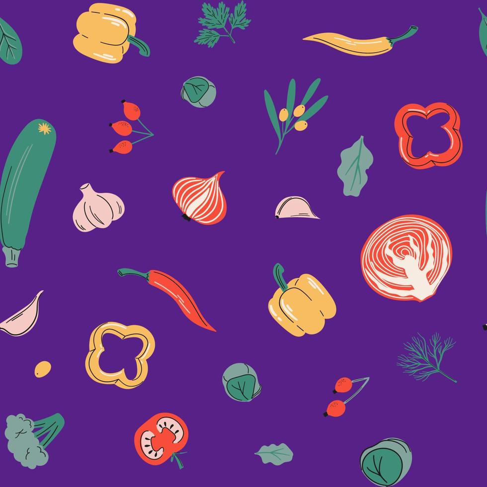 naadloos vectorpatroon met peper, broccoli, ui, wegedoorn, knoflook, kool, courgette en andere. vitamine c bronnen, gezond voedsel, groenten en bessen collectie op violette achtergrond. vector