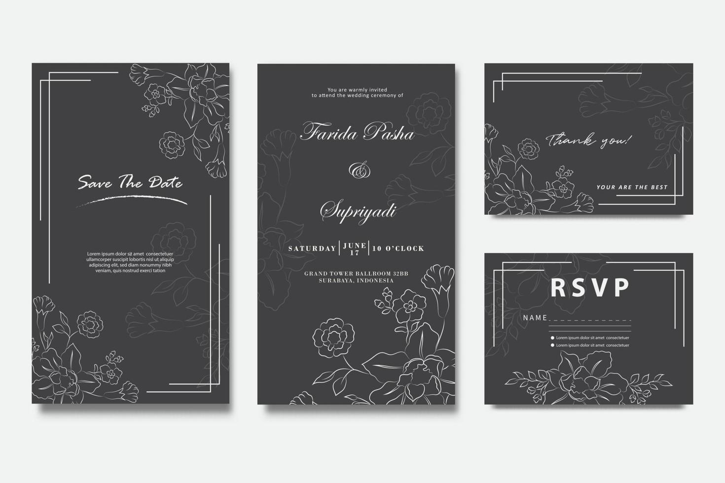 sjablonen voor huwelijksuitnodigingen minimalistisch met ontwerpset voor bloemenelementen vector