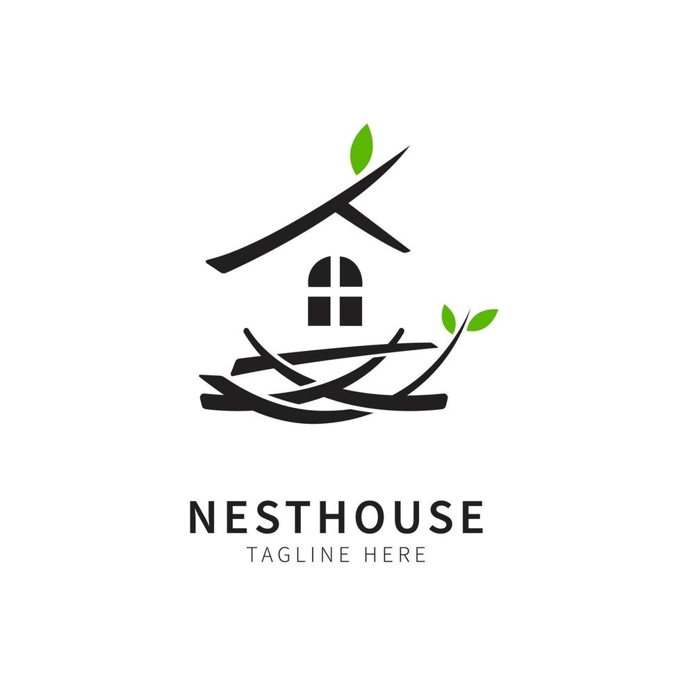 nestillustratie met huis en blad. vogelhuisje symbool logo vector