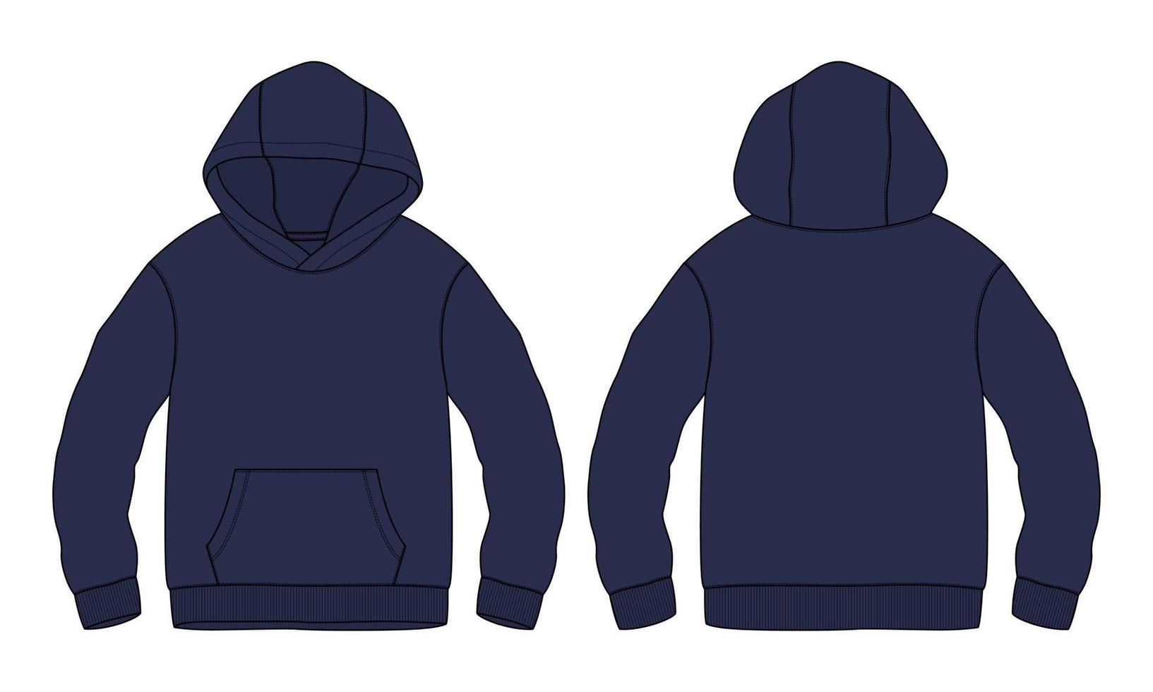 lange mouw hoodie technische mode platte schets vector illustratie marineblauwe kleur sjabloon voor- en achterkant uitzicht geïsoleerd op een witte achtergrond.