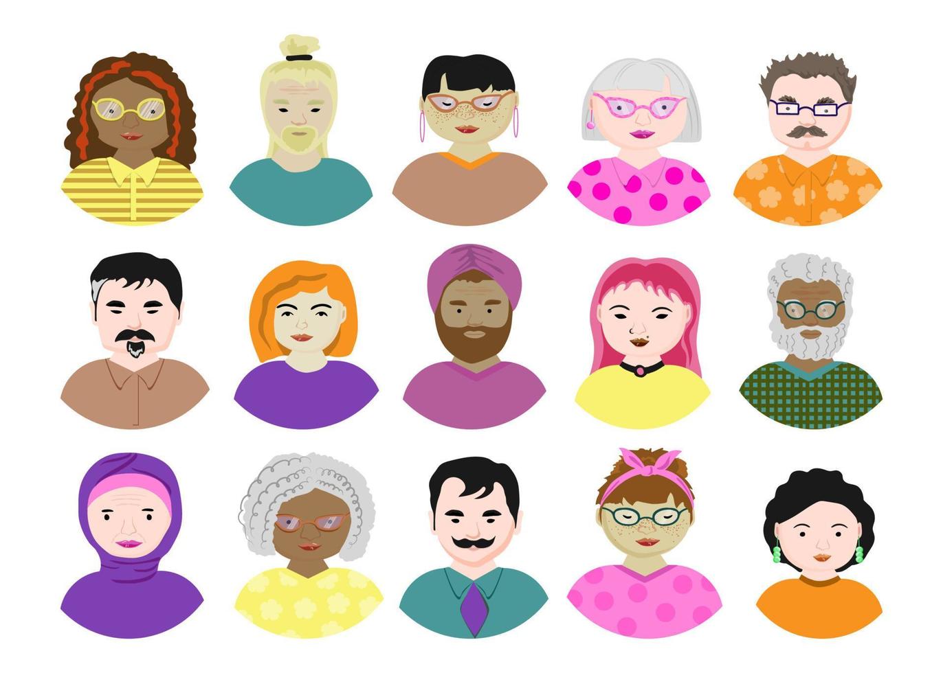 een set avatars voor aardige mensen. een diverse groep jonge mannen en vrouwen. mensen van verschillende rassen. vlakke stijl vectorillustratie vector