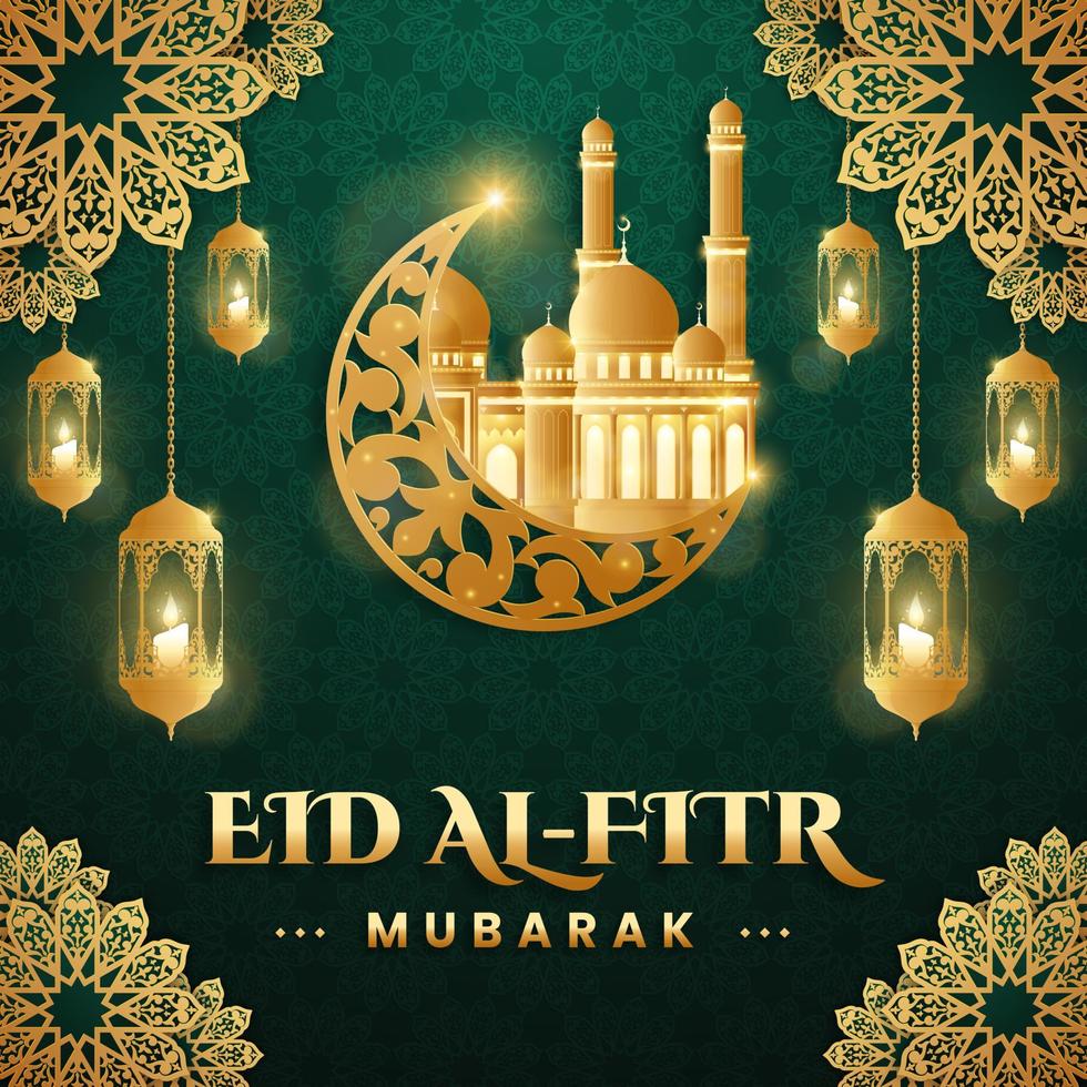 realistische eid mubarak-illustratie met kaars en driedimensionale Arabische versiering en kaars vector