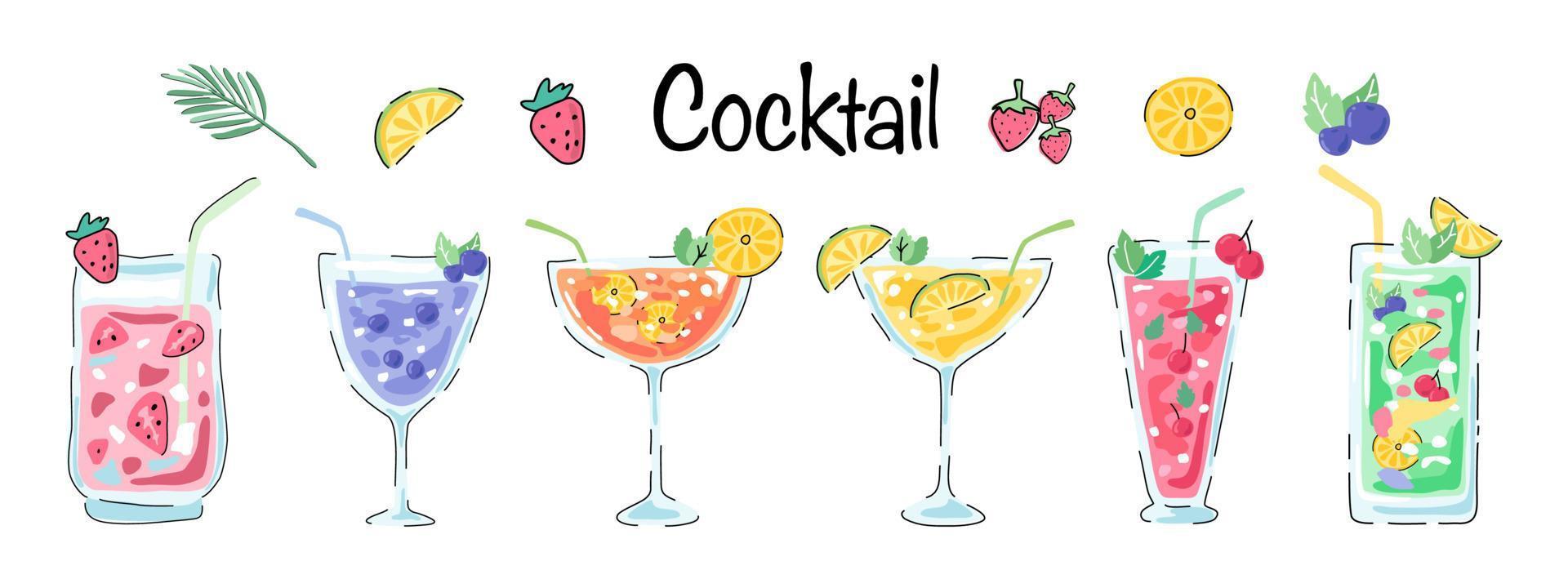 vectorcocktailset op een witte achtergrond ontworpen in doodle-stijl voor het decoreren van zomerthema's, bars, keukens, kleding, papier en meer. vector