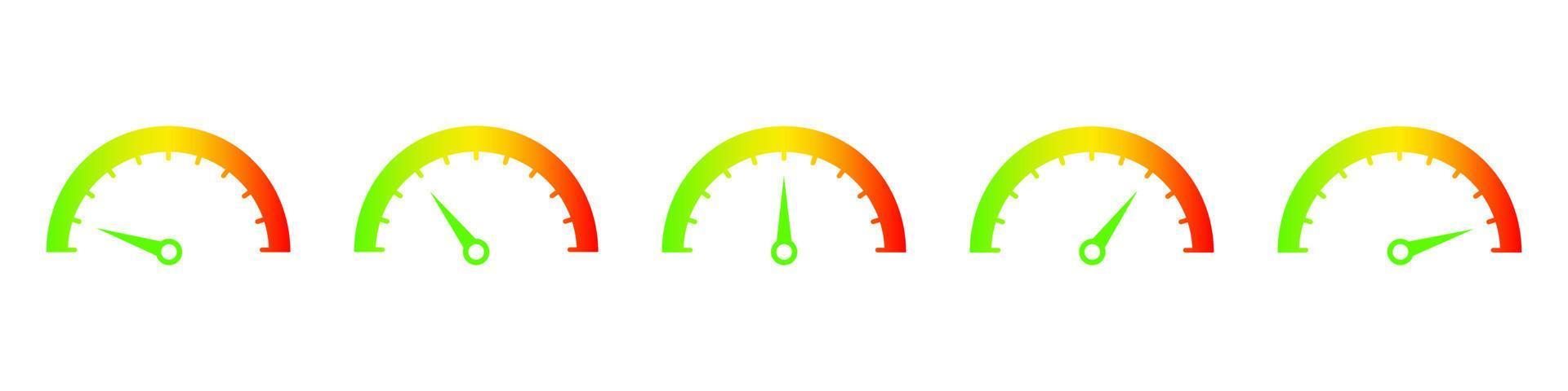 snelheidsmeters die oplopend snelheidspictogram tonen. indicator met groene pijl die voortgang begint en in rood verandert gevaarlijke beoordelingsprestaties en vectorkwaliteit vector