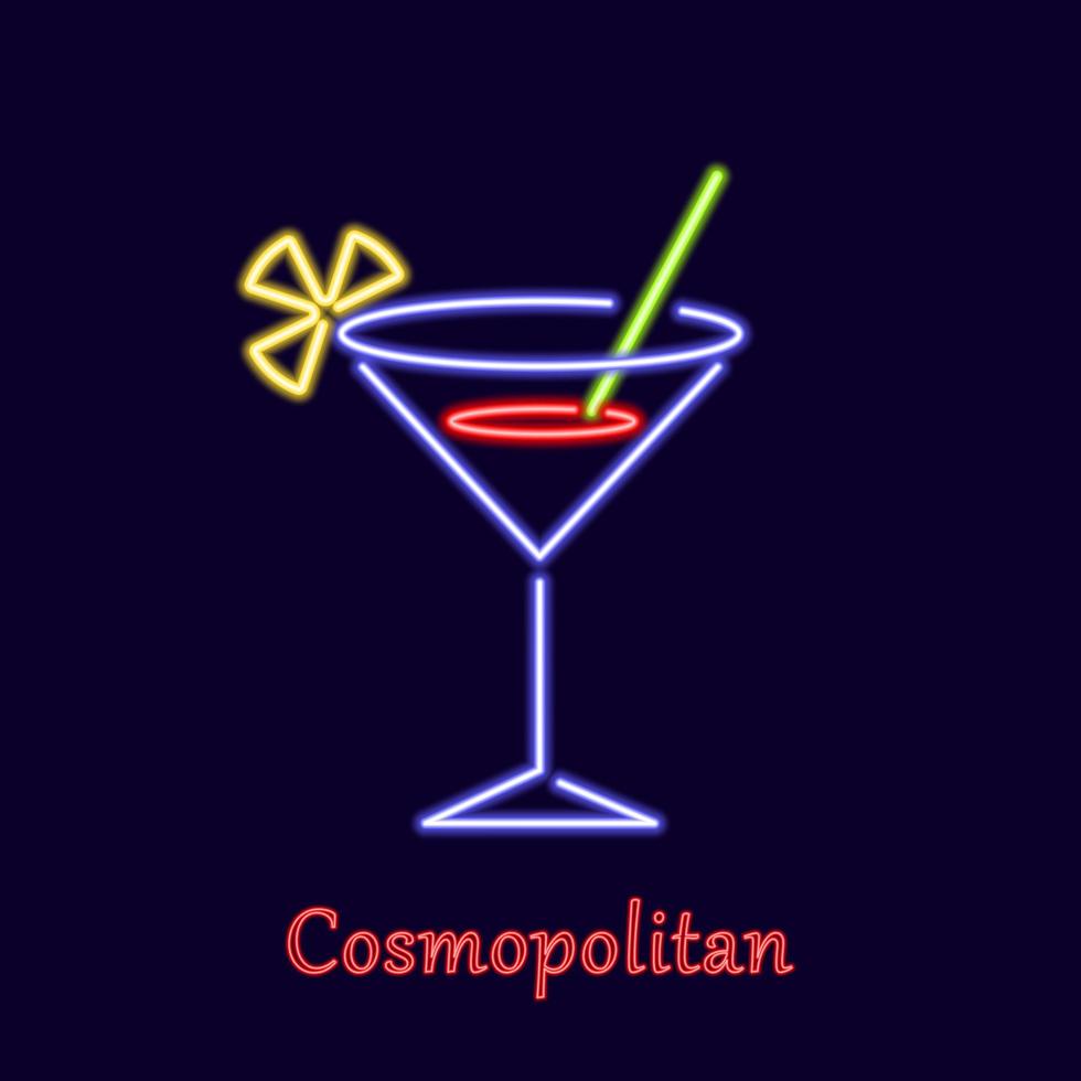 neon kosmopolitische cocktail. gloeiende trendy alcoholische drank met rietjes en schijfje citroen. moderne klassieker met triple sec likeur met wodka en cranberry vectorsap vector
