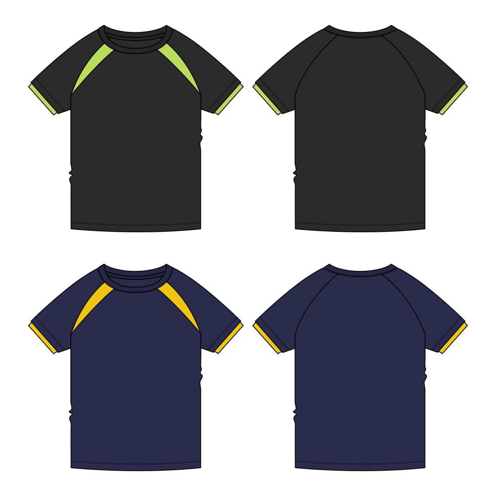 korte mouw basic t-shirt algemene technische mode platte schets vector illustratie zwart en marine kleur mock up sjabloon voor kinderen en jongens.