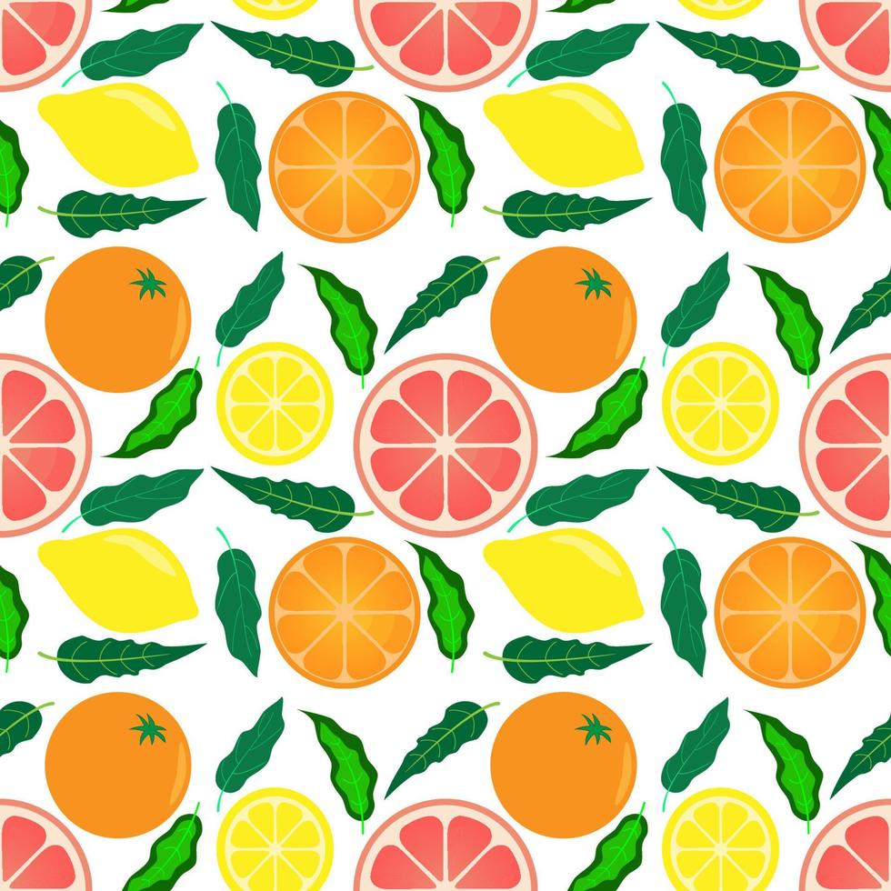 schattig naadloos patroon met verse citrusvruchten op witte achtergrond. citroen, sinaasappel, grapefruit in bladeren. limonade ingrediënten voor stof, tekenlabels, print op t-shirt, behang etc. vector