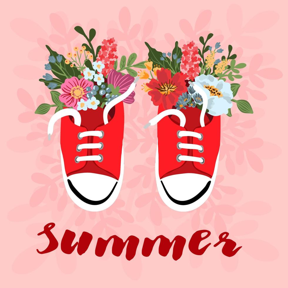 heldere zomerkaart. mooie zomerposter met sneakers met bloemen. schattige vectorillustratie voor achtergronden, kaarten, posters en flyers. vector