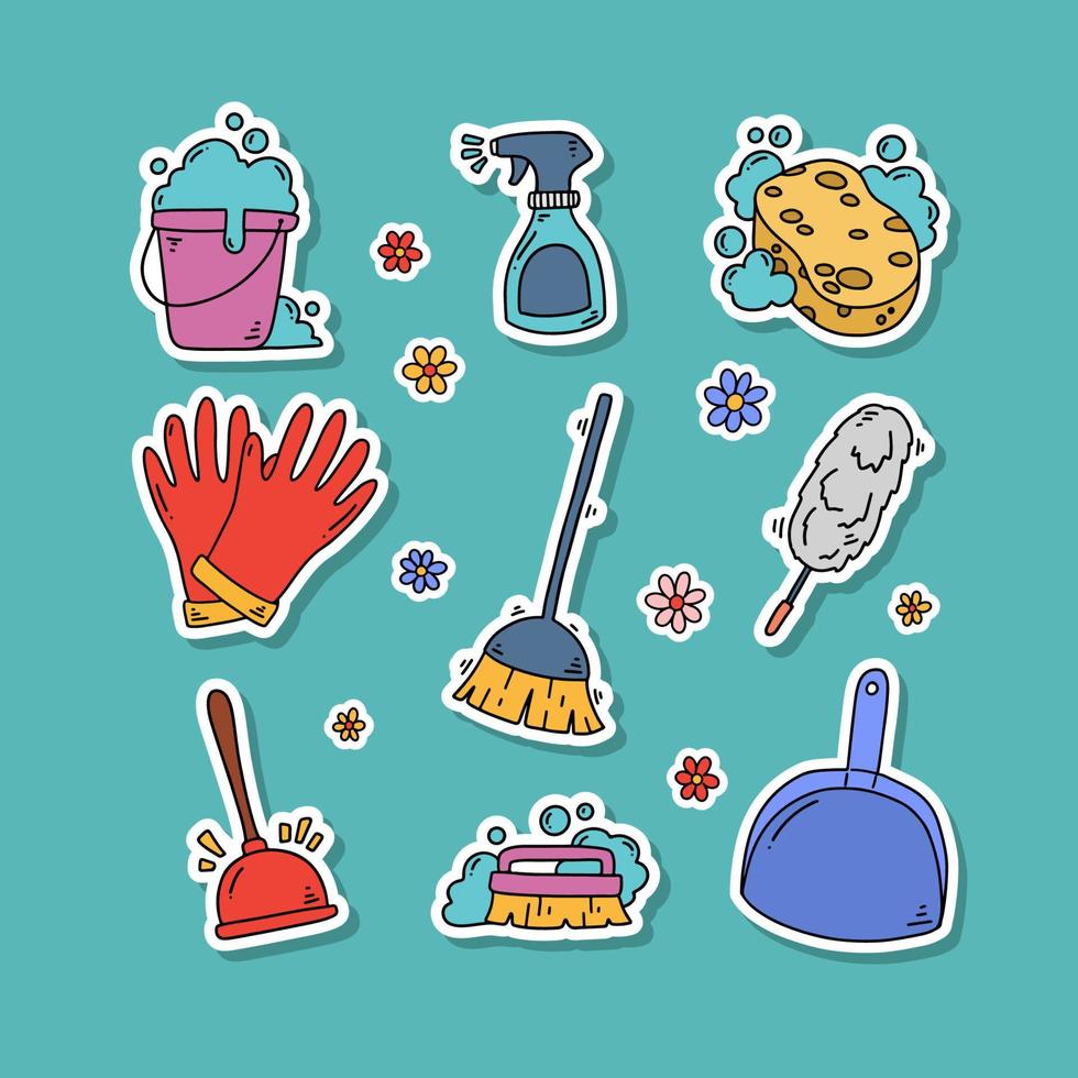 schattige handgetekende lenteschoonmaak stickercollectie vector